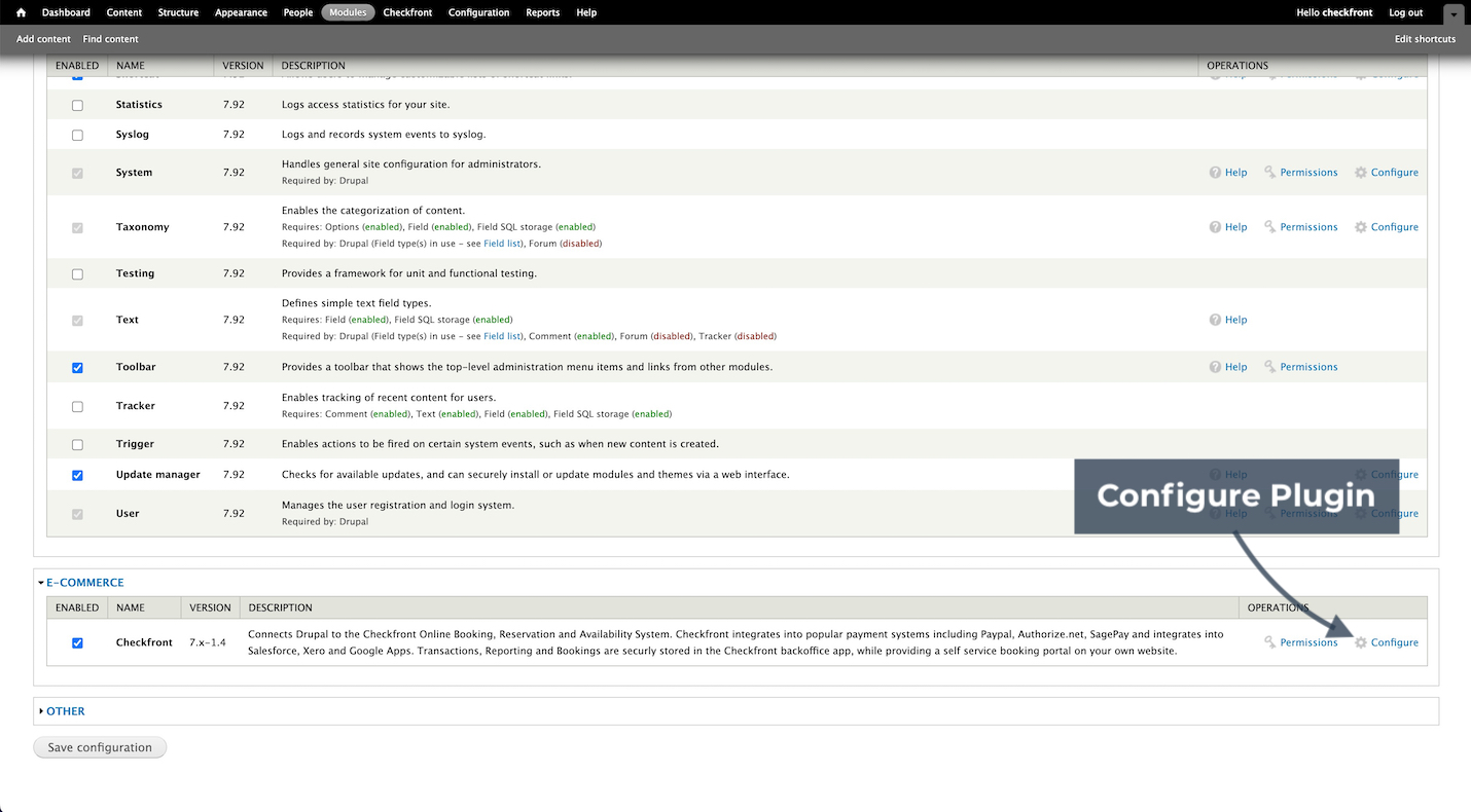Drupal modules page with arrow pointing to the Configure link for the Checkfront plugin.