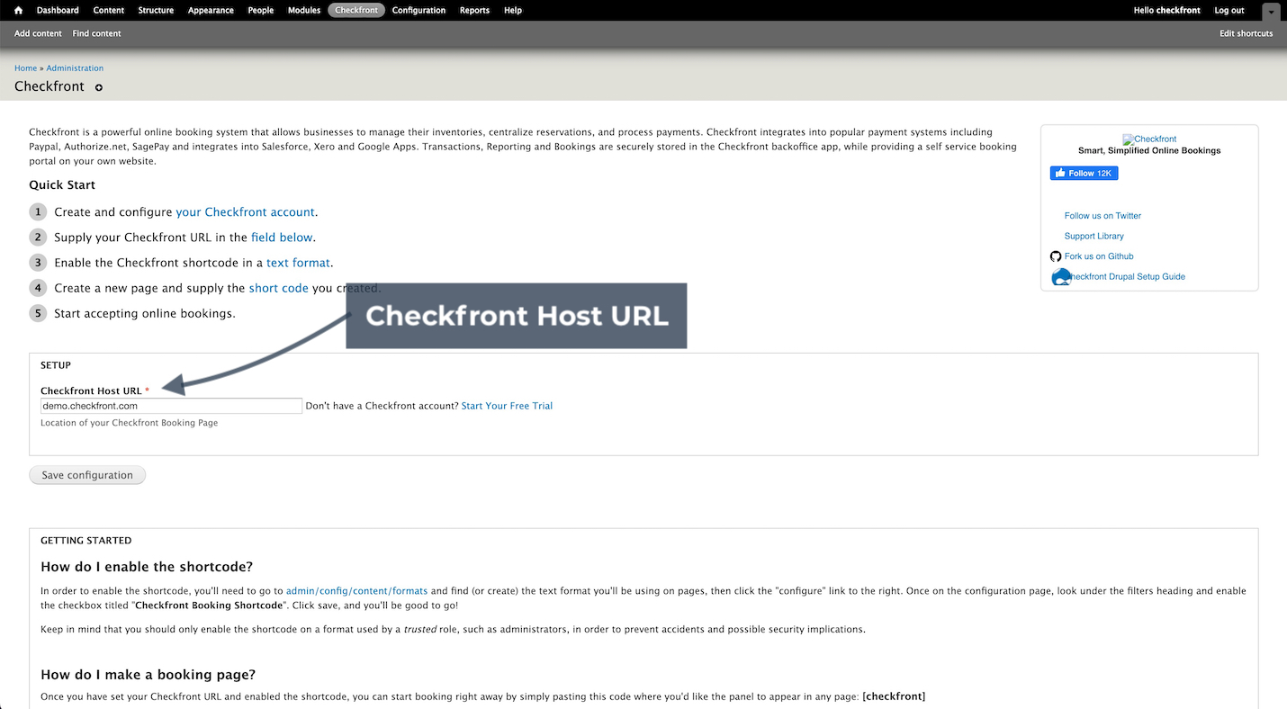 Checkfront setup page in Drupal with arrow pointing to the Checkfront Host URL field.
