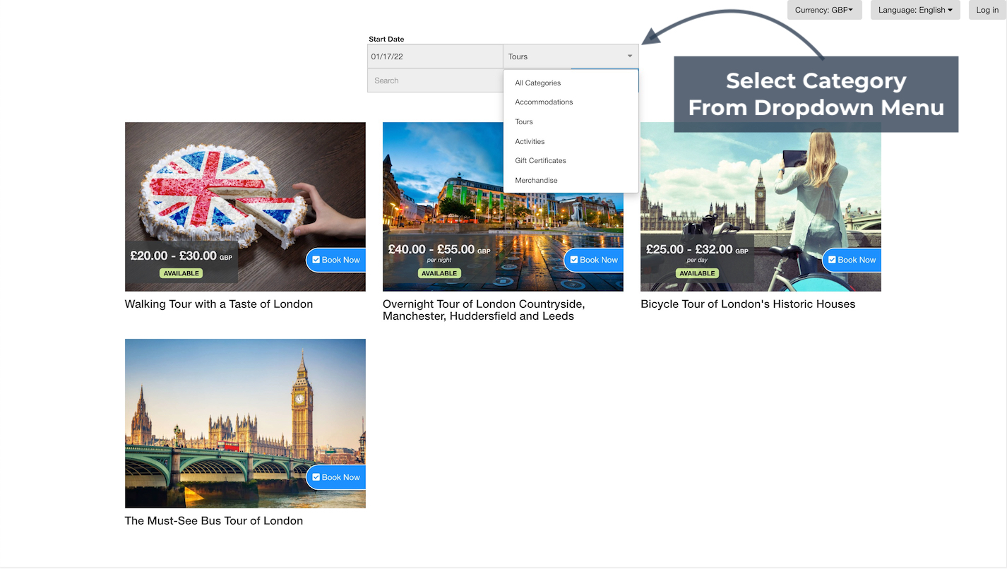Booking page showing dropdown menu to select a category.