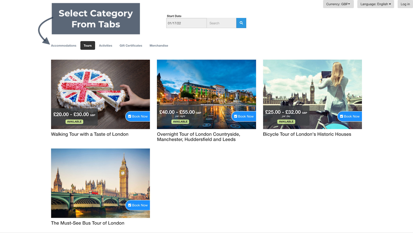 Booking page with an arrow highlighting the category tabs for selecting different booking categories.