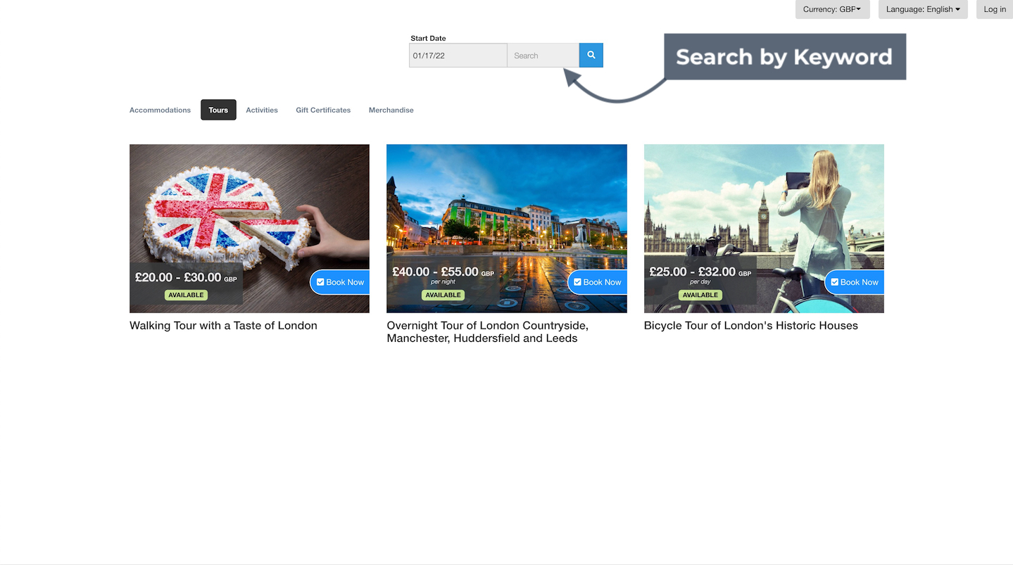 Booking page with an arrow pointing to the search bar for keyword search.