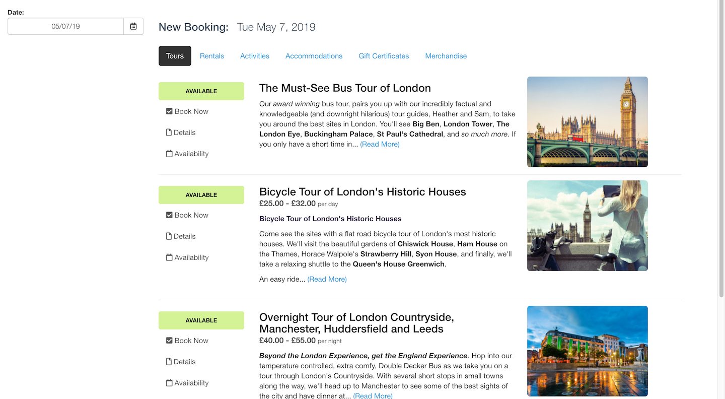 Booking page showing tours in list view with details, availability, and book now options.