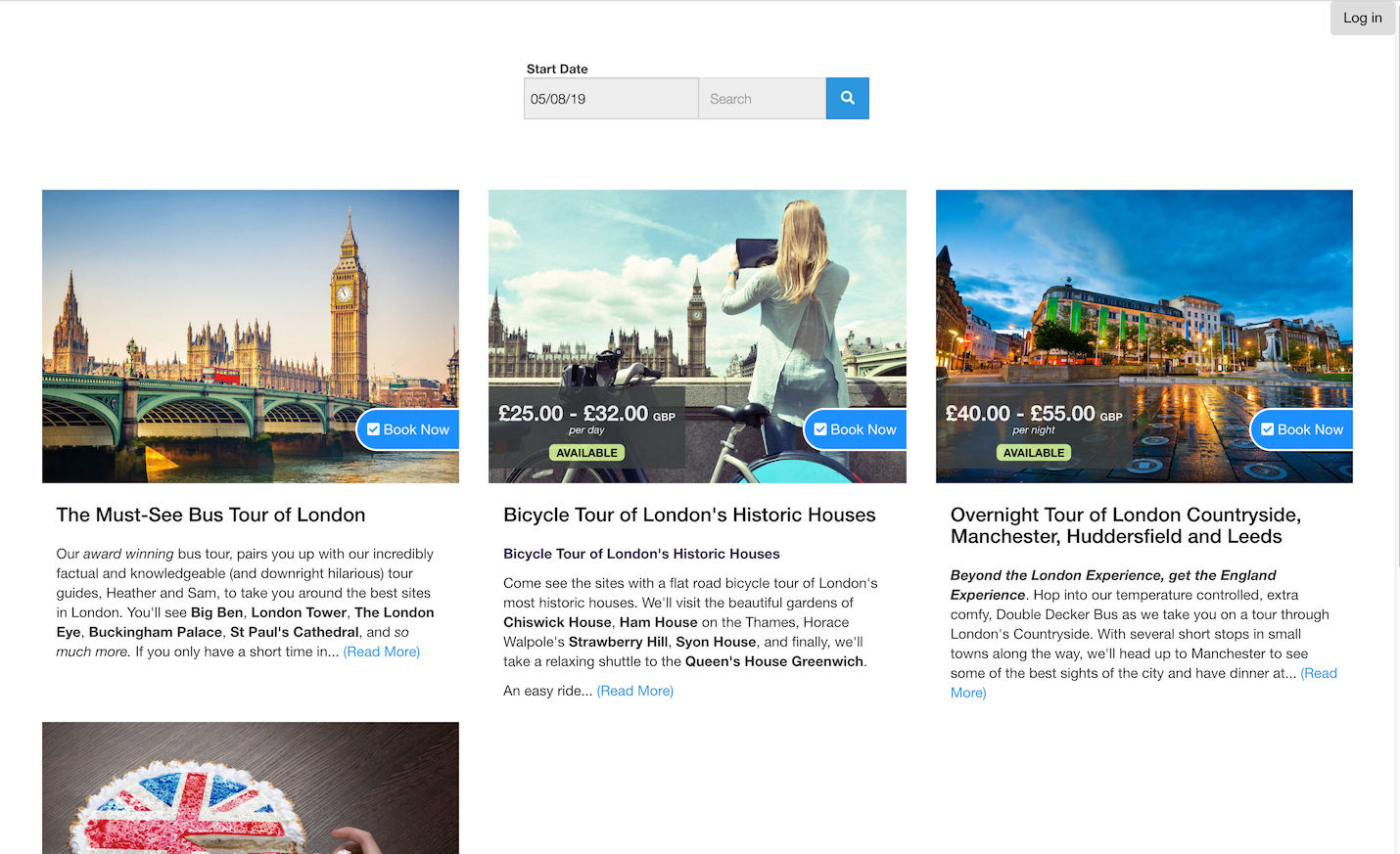 Booking page displaying tours with prices, availability, and book now buttons along with tour descriptions.