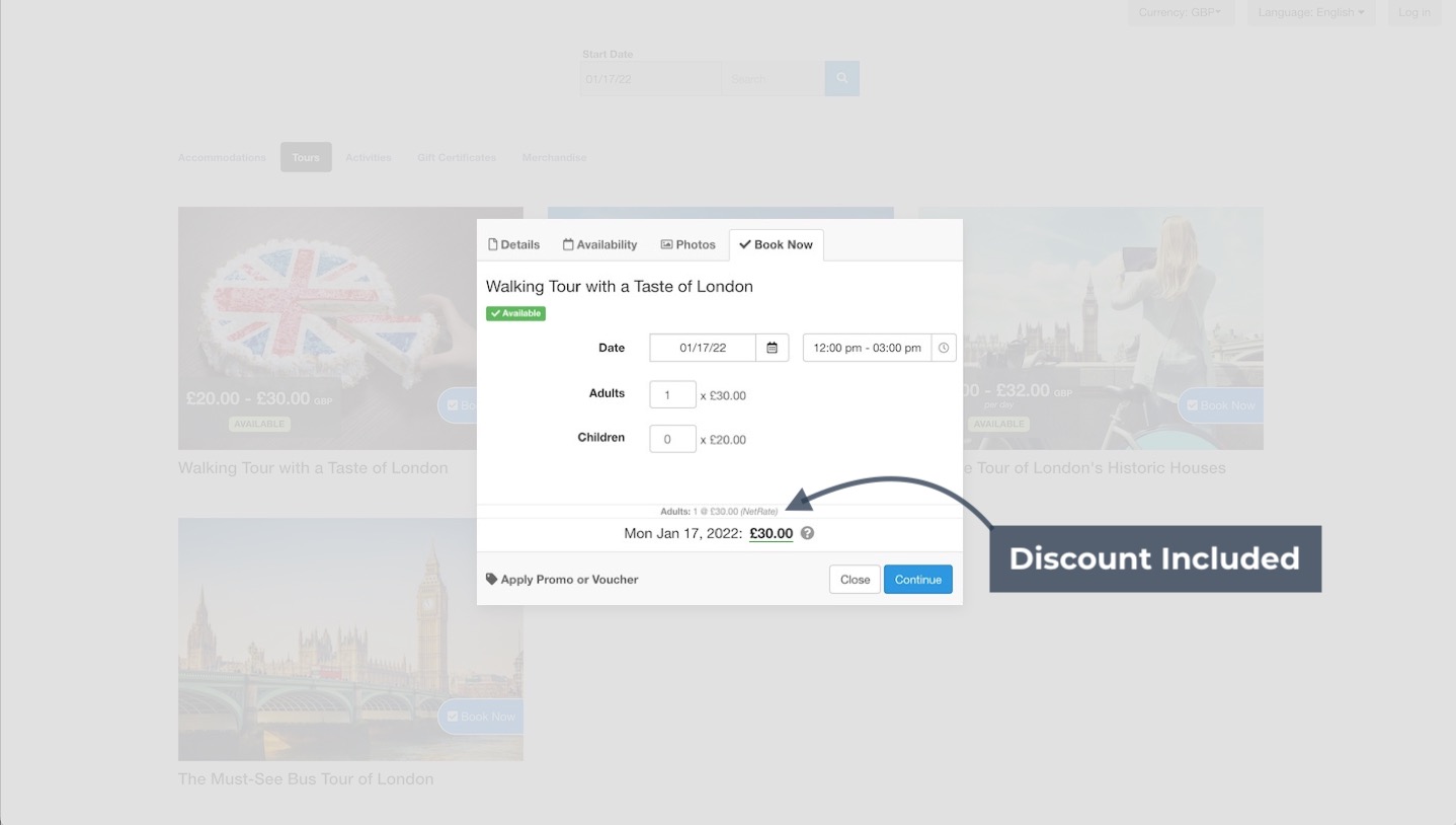 Booking window showing discount included in total price.