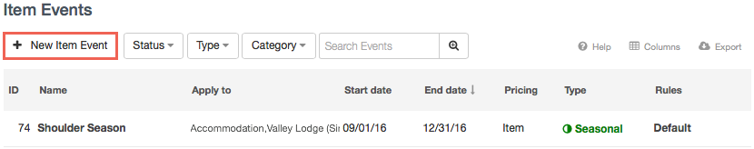Item events list showing a new item event button and table of existing events with details including ID, name, dates, pricing, type, and rules.