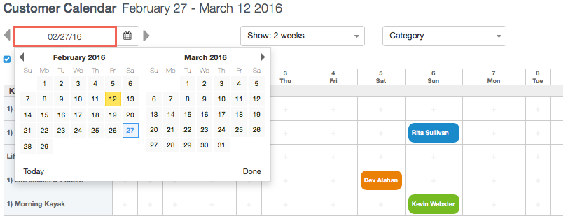 Customer calendar view showing date picker open on February 27, 2016, with highlighted date selection and visible bookings for customers Rita Sullivan, Dev Alahan, and Kevin Webster.