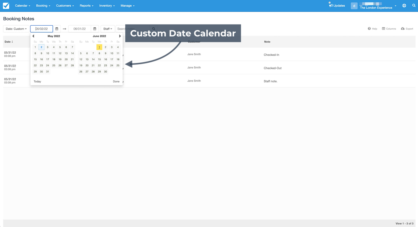 Booking notes screen highlighting the Custom Date Calendar to select a specific date range for filtering notes.