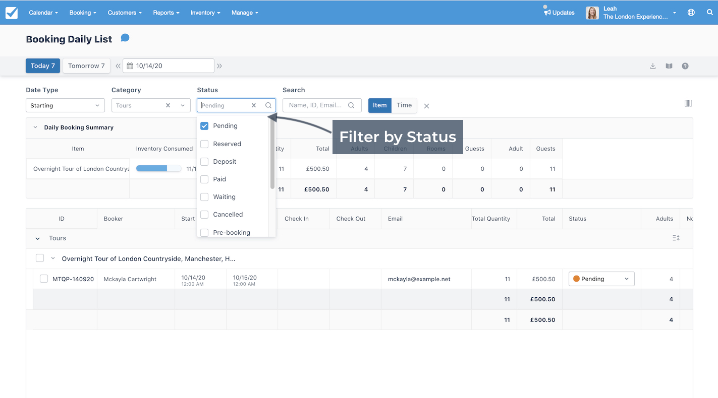 Booking Daily List Filter Status