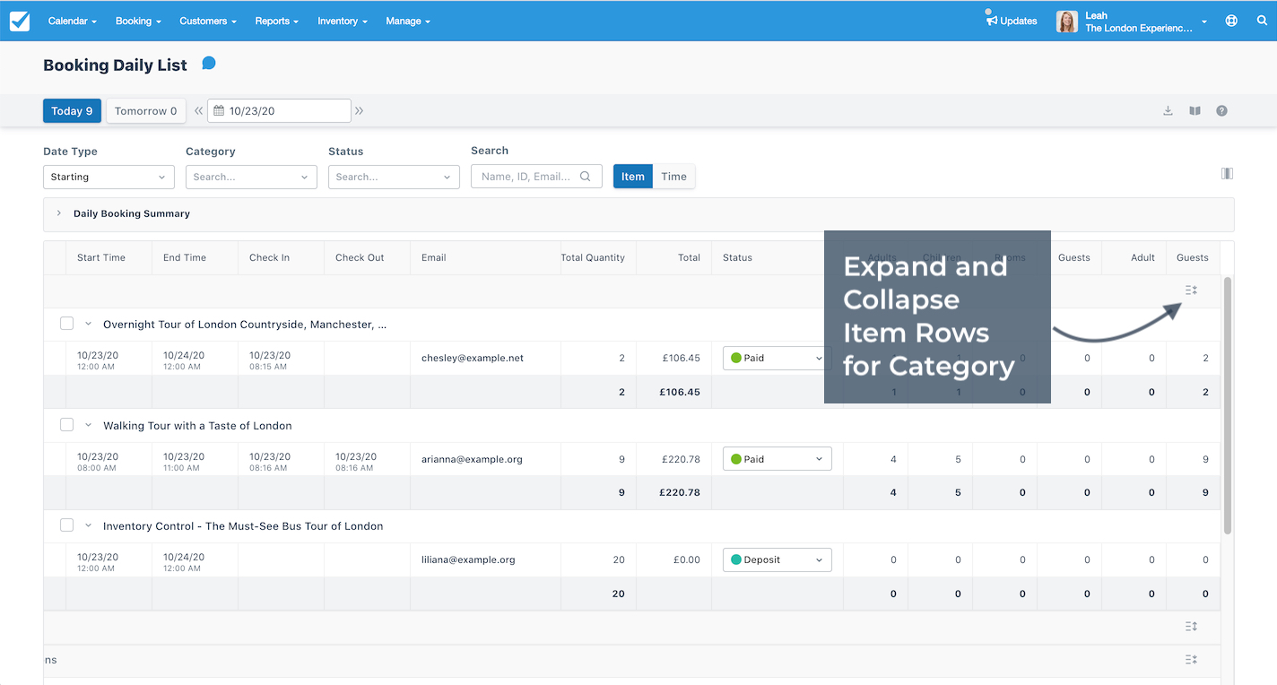 Booking Daily List Expand Item Rows