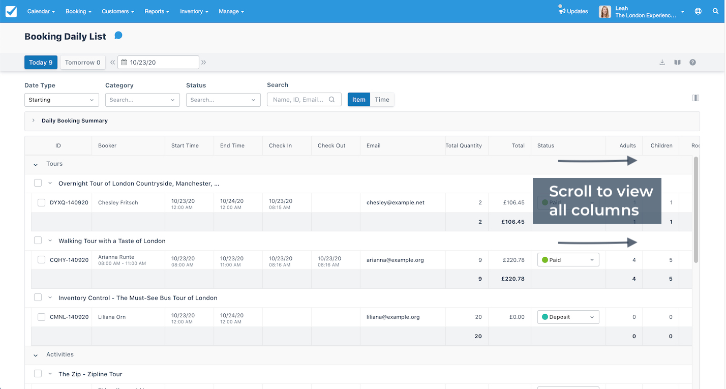 Booking Daily List Scroll