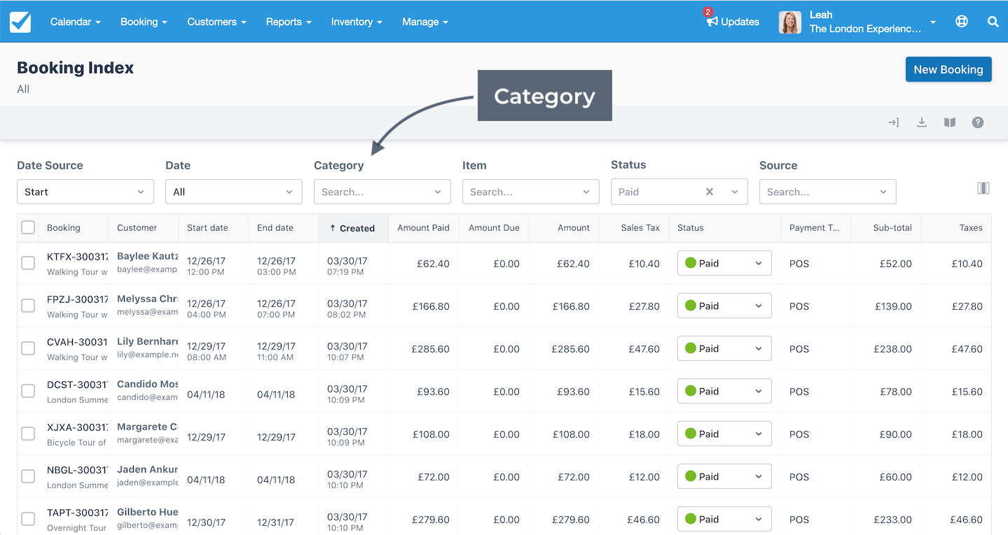 Booking Index page showing the Category search bar highlighted for filtering bookings by category type.