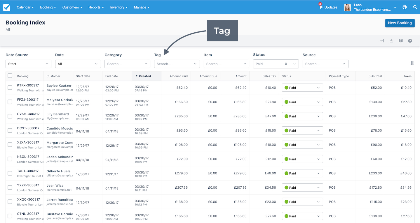 Booking Index dashboard with the Item search field highlighted to locate specific booked items.