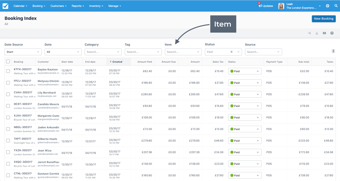 Booking Index view featuring the Status dropdown highlighted for filtering bookings by payment status.