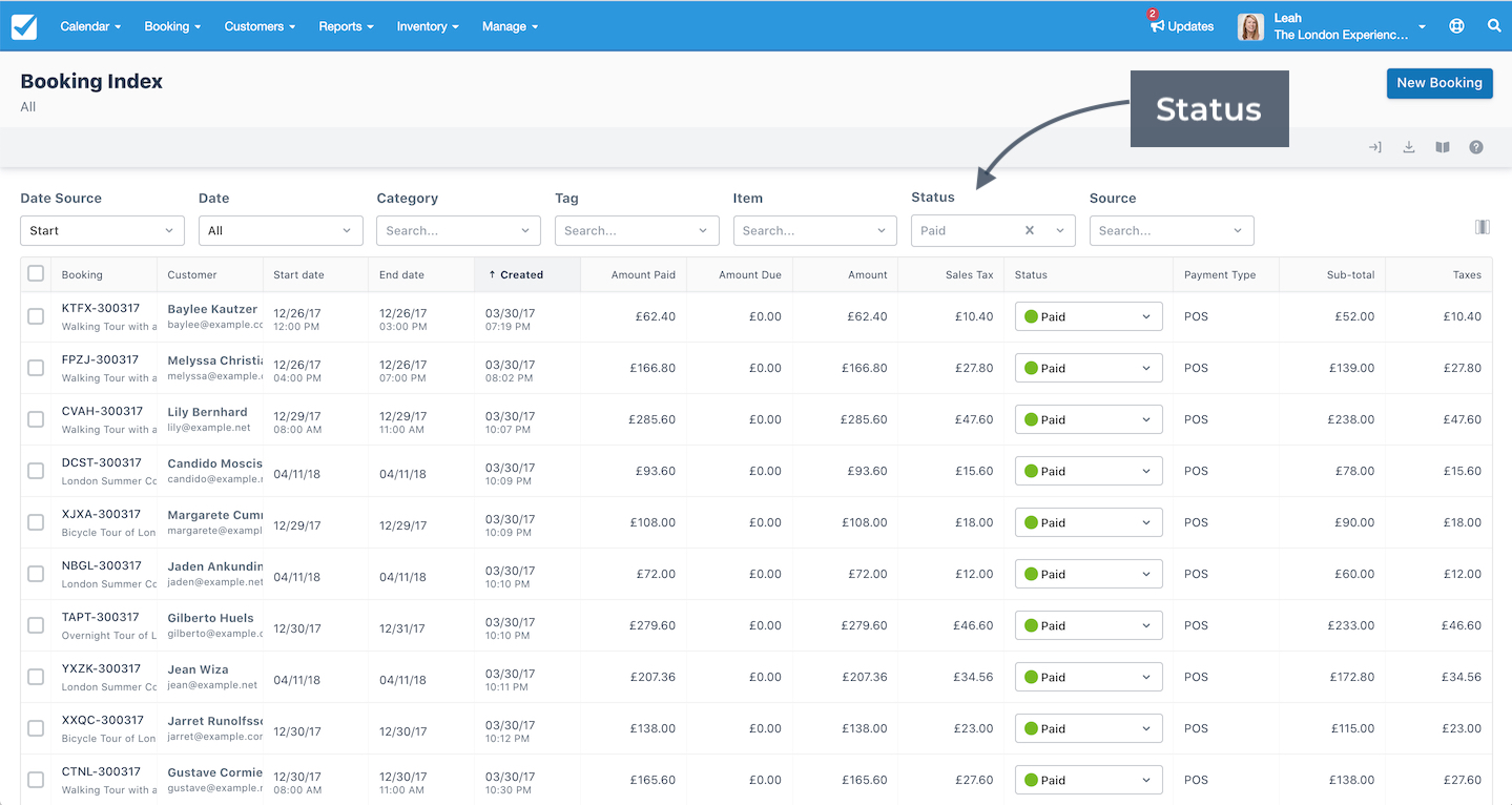 Booking Index page showing the Source field highlighted to filter bookings based on their source type.