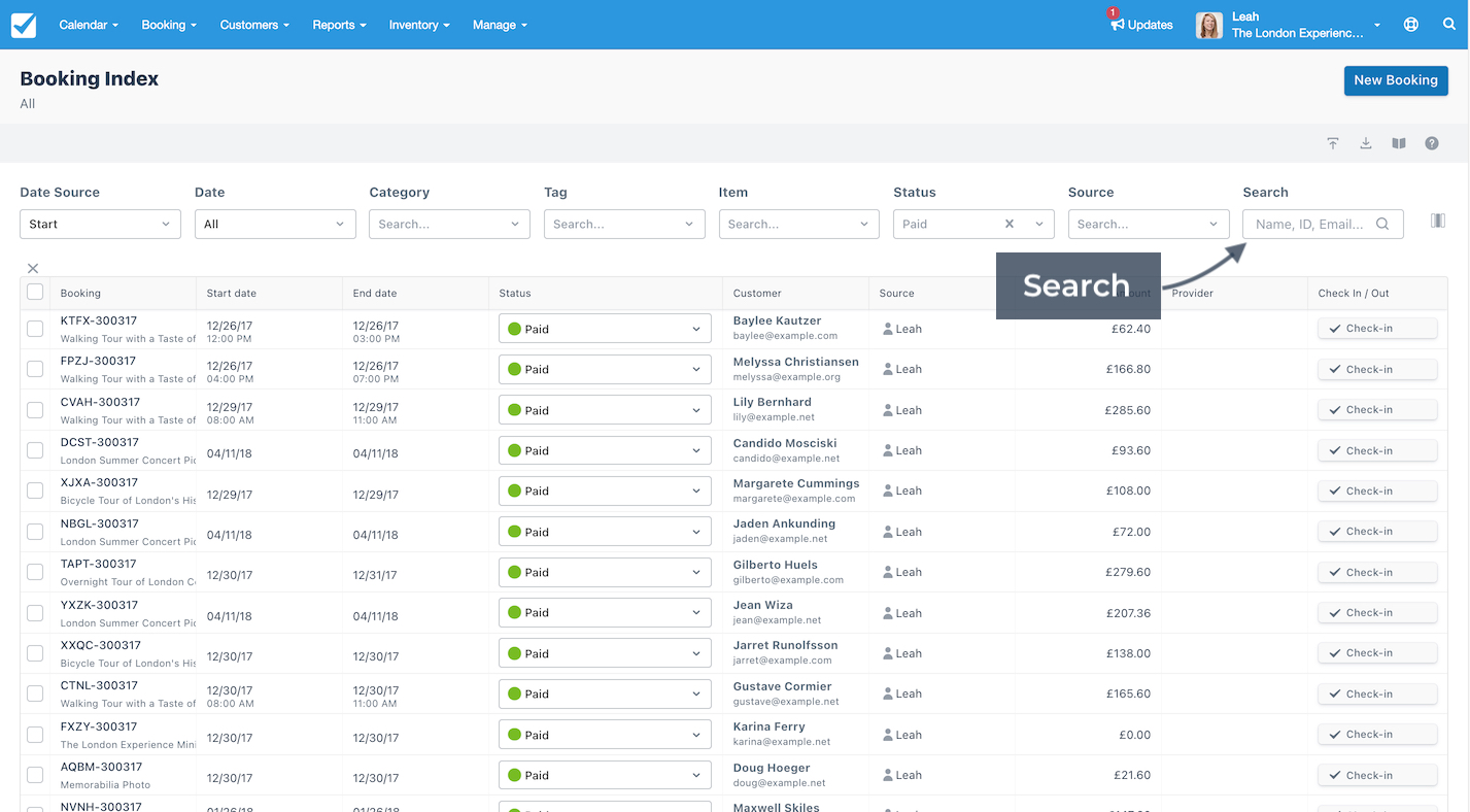 Booking Index interface with the Tag search bar highlighted for filtering bookings using assigned tags.