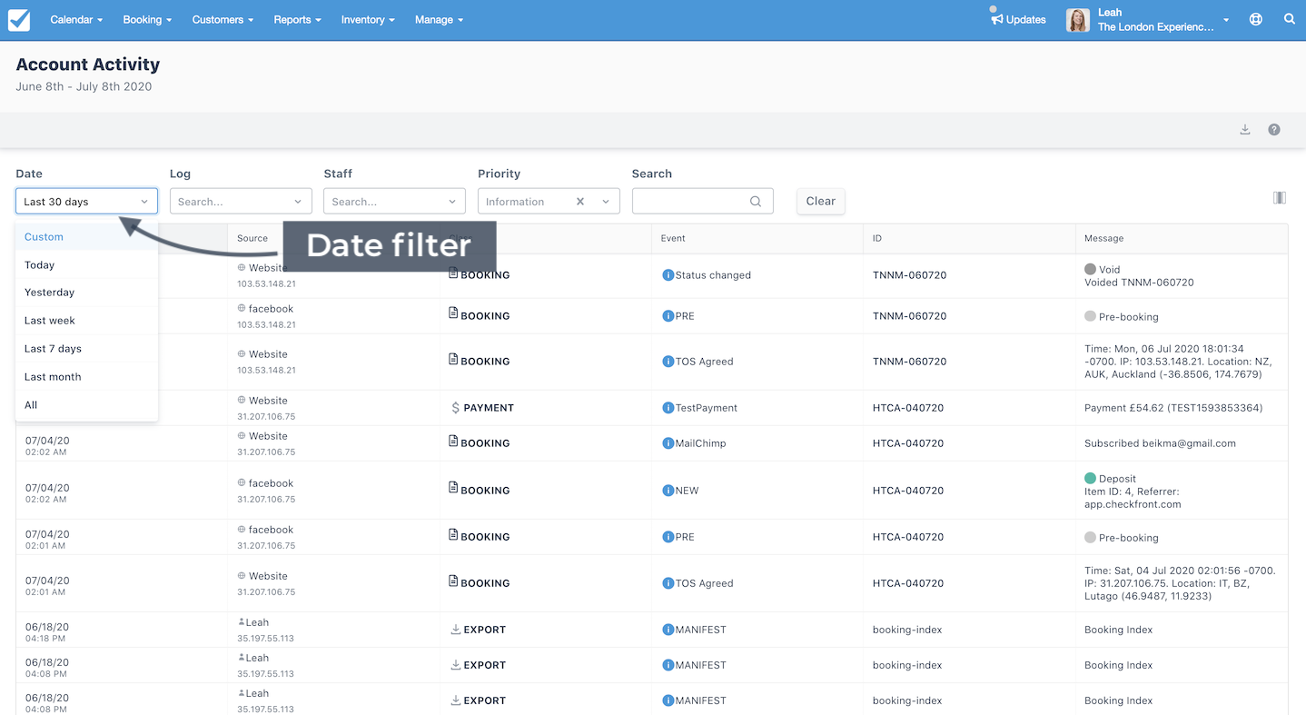 Account Activity report with the date filter expanded to select time ranges such as today, last week, or custom.