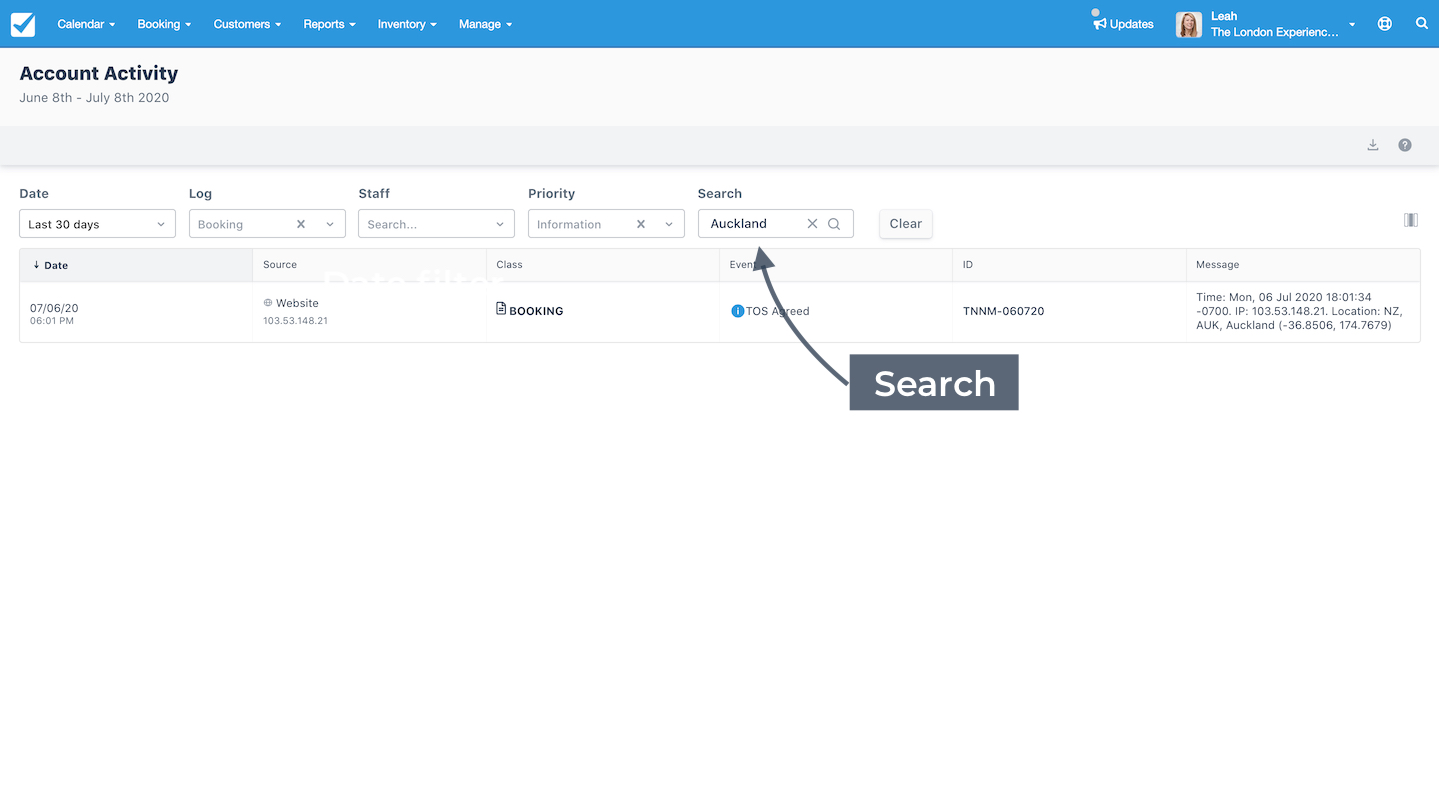 Account Activity interface showing the search bar used to locate activity records by keyword such as Auckland.