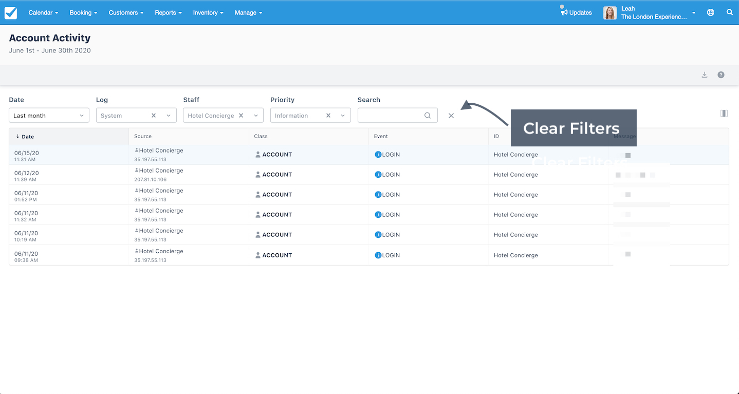 Account Activity table with the clear filters option to reset all search and filter criteria.