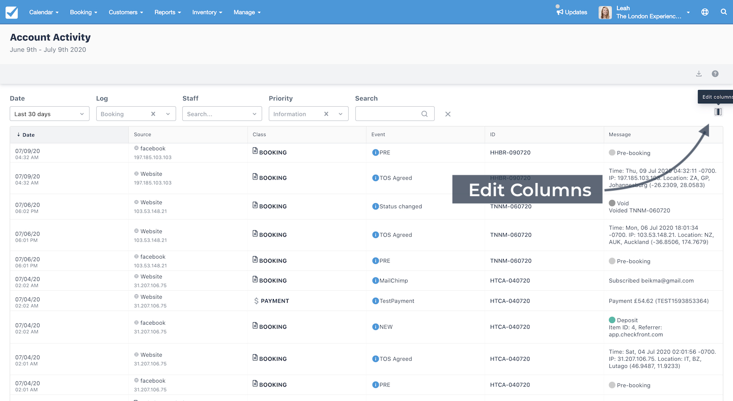Account Activity screen highlighting the edit columns button for managing displayed table fields.