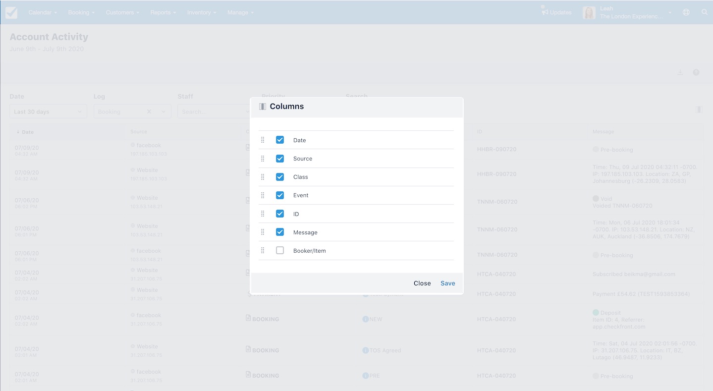 Columns settings panel allowing users to customize visible data fields in the Account Activity report.