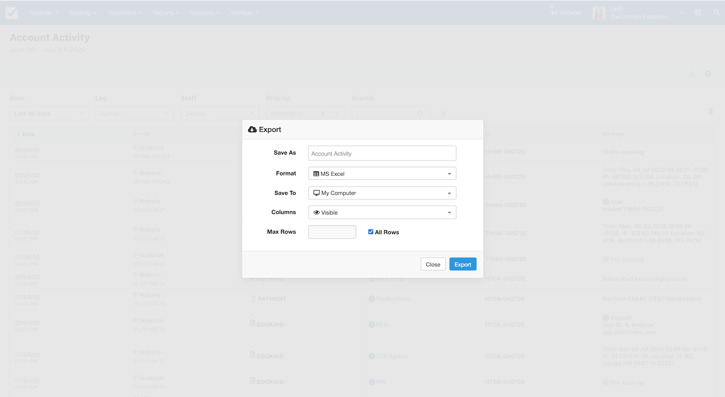 Export settings window where users can choose file format, column visibility, and data range.