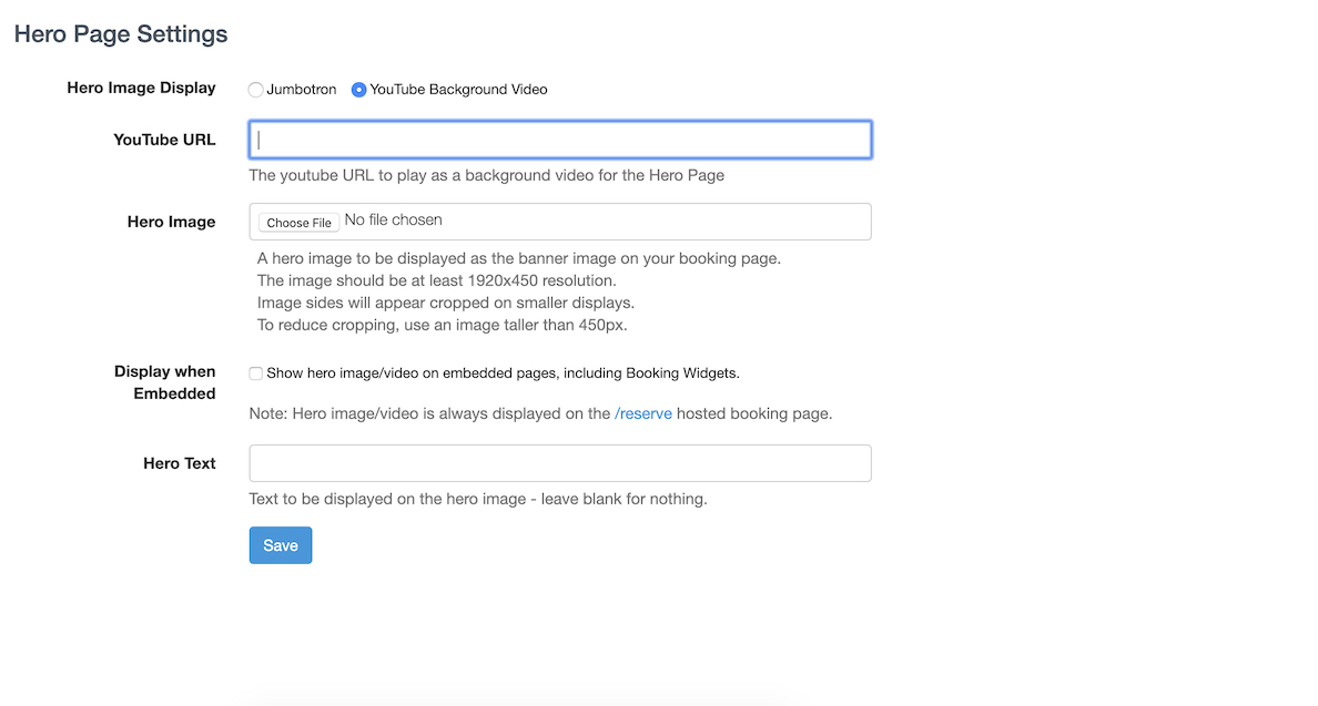 Hero page settings screen with YouTube background video selected showing the URL field, image upload option, display settings, and hero text.