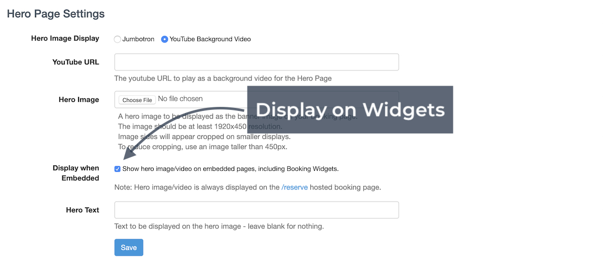 Hero page settings screen highlighting the display when embedded option with an arrow pointing to the checkbox for showing hero image or video on widgets.