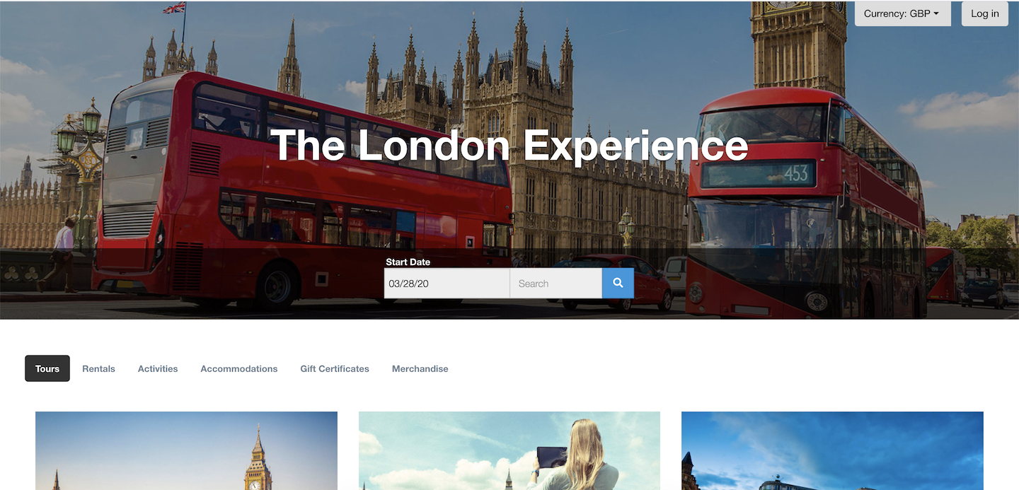 Customer-facing booking page in hero layout showing a large background image with hero text, start date selector, search bar, and category tabs with available tours displayed below.