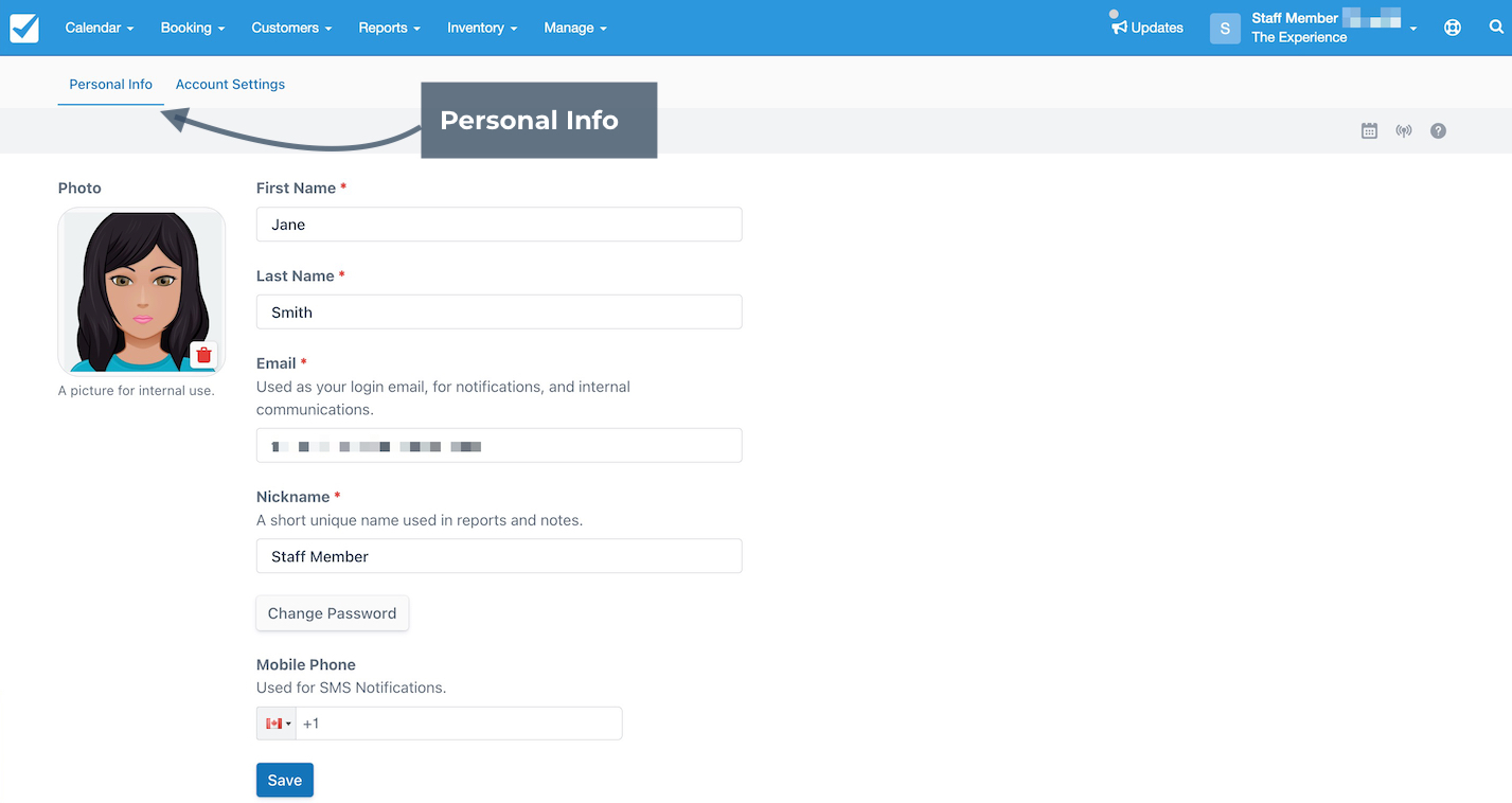 Profile section highlighting personal info tab with editable account information.