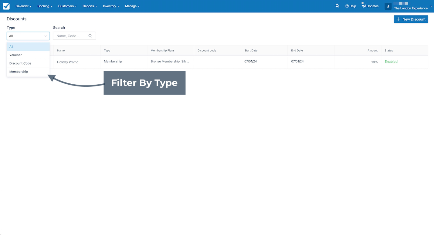 Discounts page with dropdown filter expanded showing options to filter by all, voucher, discount code, or membership types.
