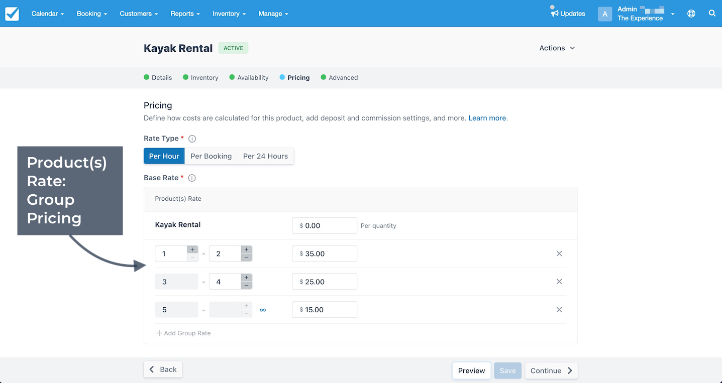 Product rate group pricing setup for kayak rental showing tiered rates based on quantity rented.