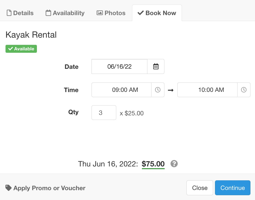 Booking form for kayak rental on June 16, 2022 showing 3 kayaks at 25 dollars each for a total of 75 dollars.