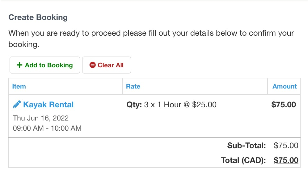 Booking confirmation page for kayak rental showing 3 kayaks at 25 dollars each totaling 75 dollars.
