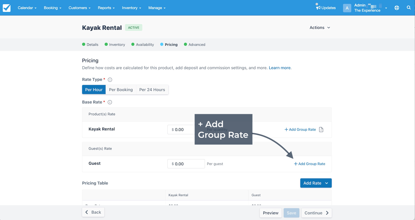 Pricing setup screen for kayak rental showing option to add group rate under both product and guest rate sections.