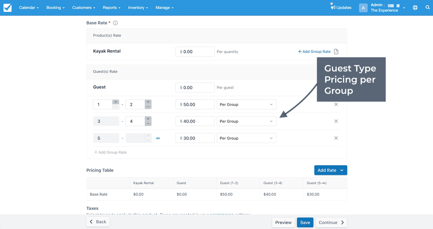 Guest type pricing per group setup screen for kayak rental showing group rate tiers for different guest counts.