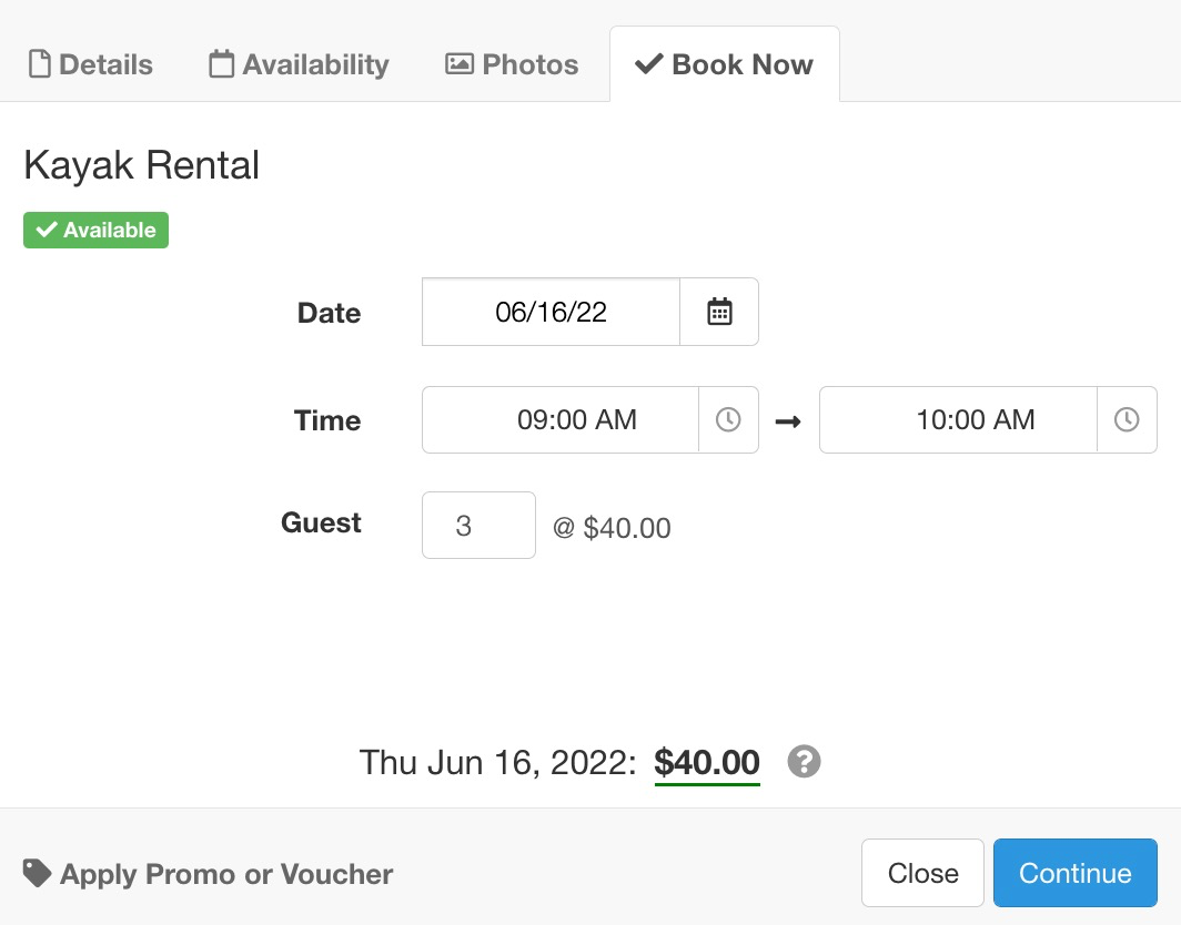Booking form for kayak rental on June 16, 2022 showing 3 guests at group rate of 40 dollars total.