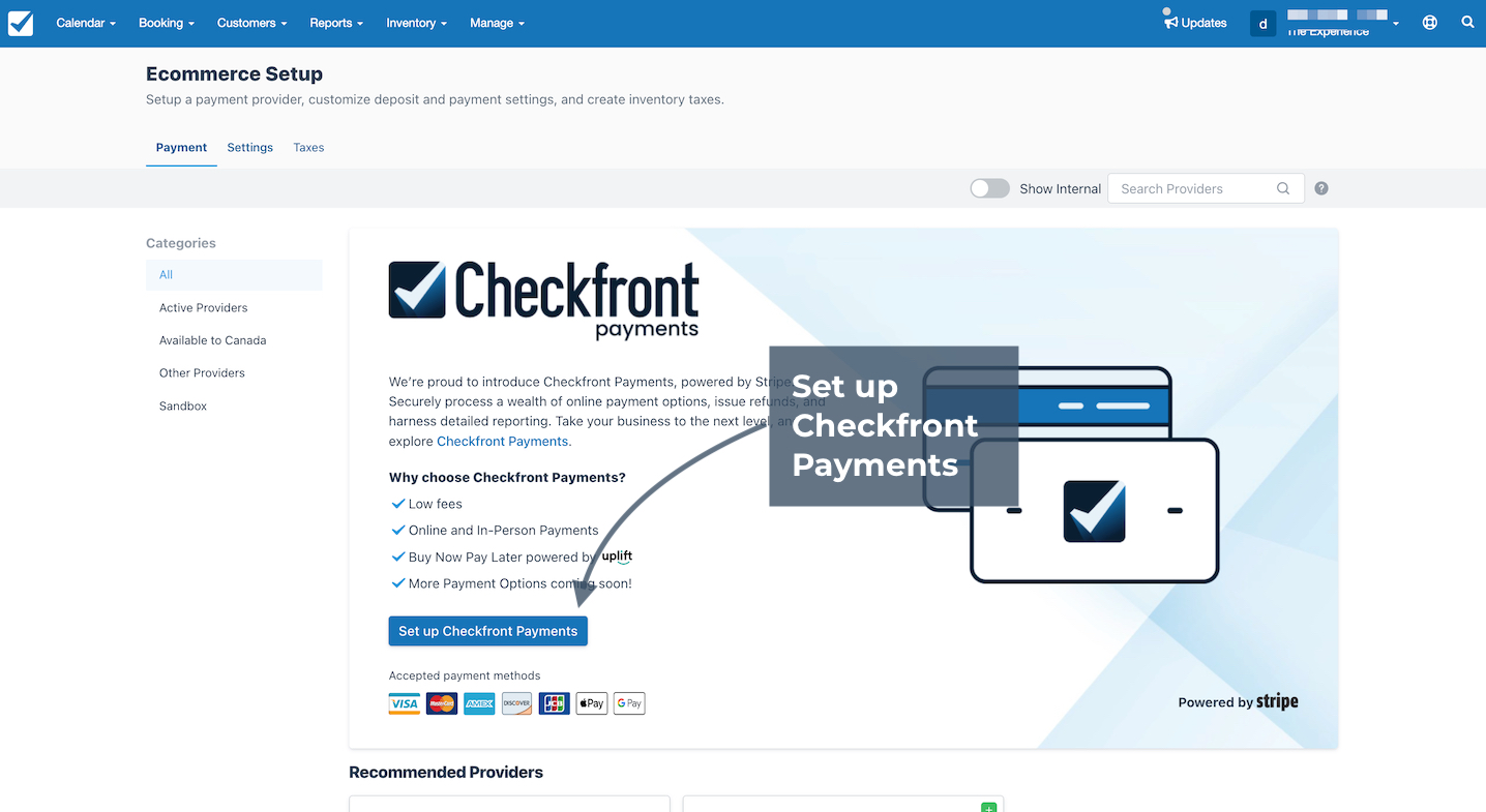 Ecommerce Setup page showing Checkfront Payments option with a highlighted Set up Checkfront Payments button.