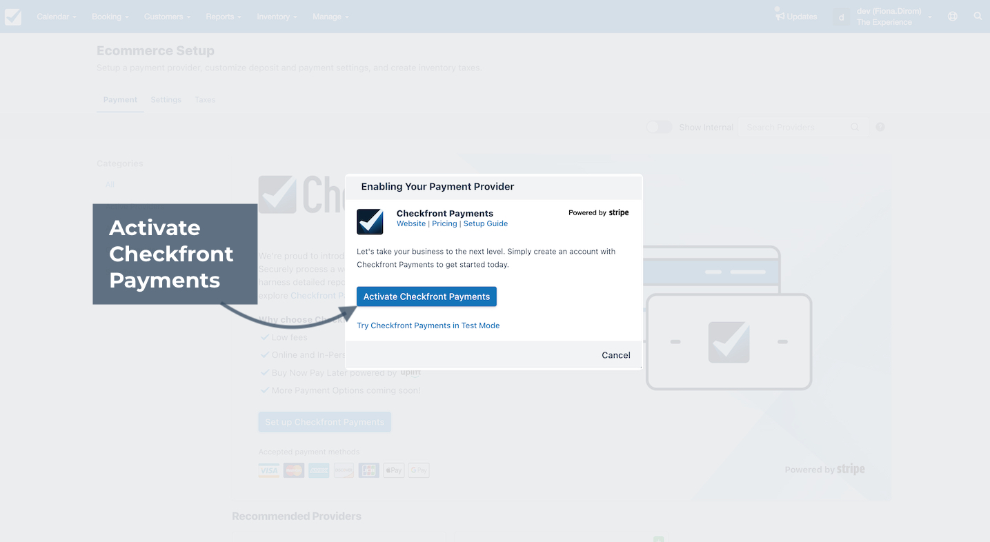 Popup window in Ecommerce Setup showing Enabling Your Payment Provider with Checkfront Payments and a highlighted button to activate Checkfront Payments.