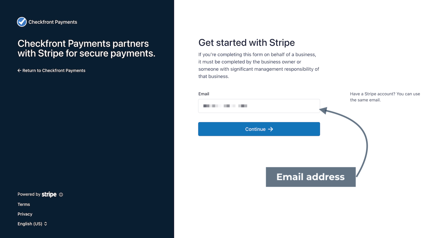 Stripe setup screen for Checkfront Payments showing an email address field highlighted for entering the Stripe account email.
