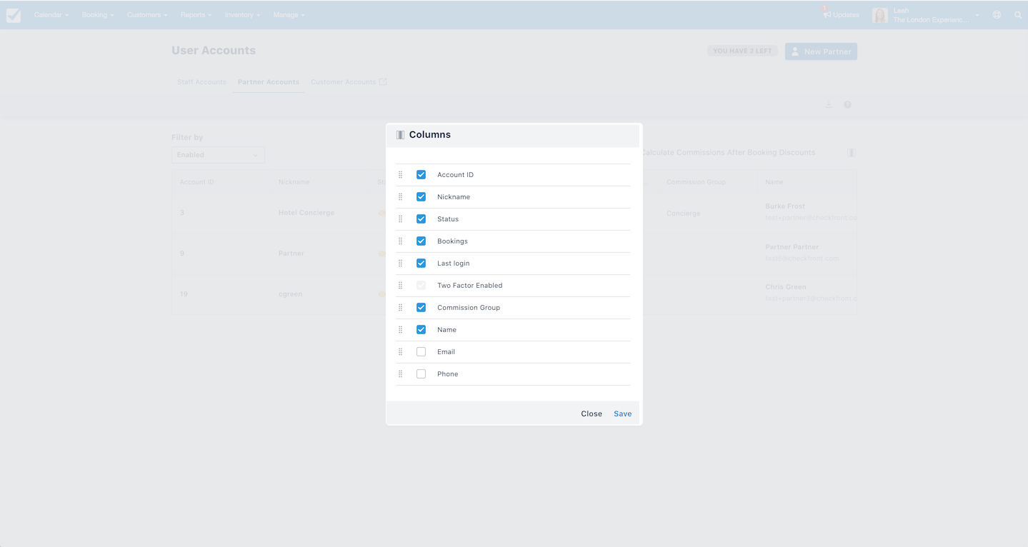 Partner Account Edit Columns
