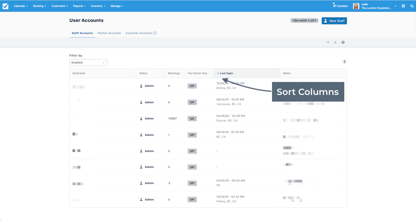 Staff accounts page in Checkfront highlighting the option to sort user data by column.