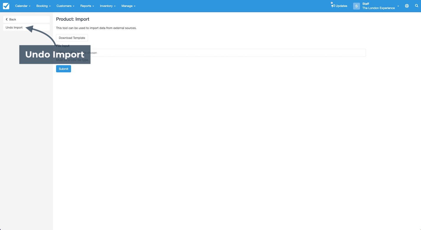 Undo import button highlighted with arrow in product import screen.