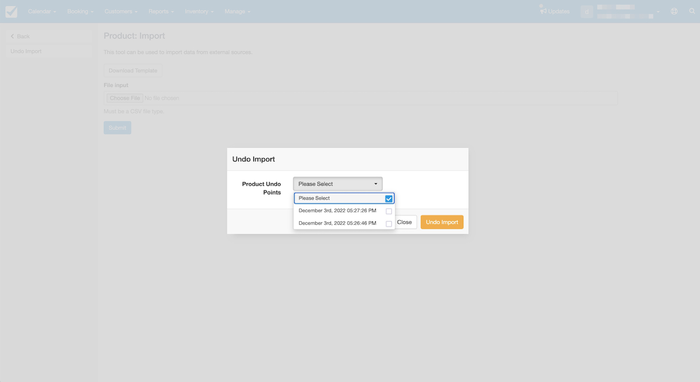Dropdown menu showing product undo points for restoring import.