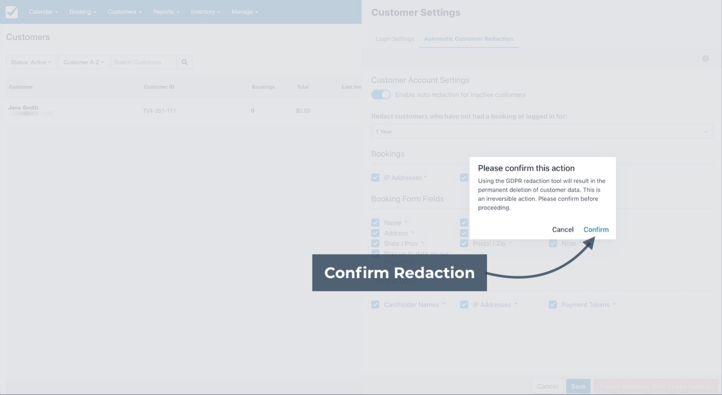 Confirmation dialog for GDPR redaction prompting user to confirm permanent deletion of customer data.