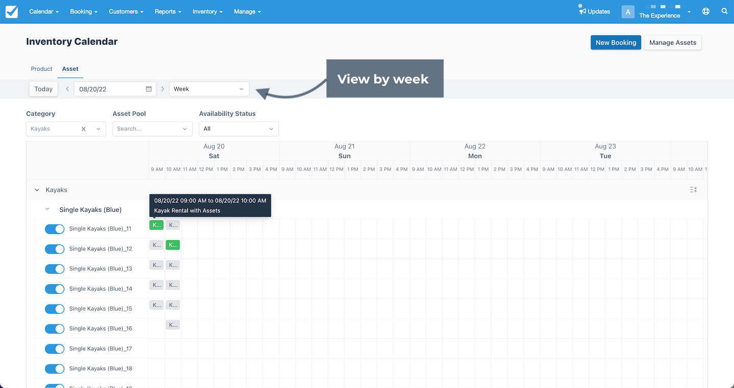 Asset calendar in weekly view displaying bookings across multiple days.