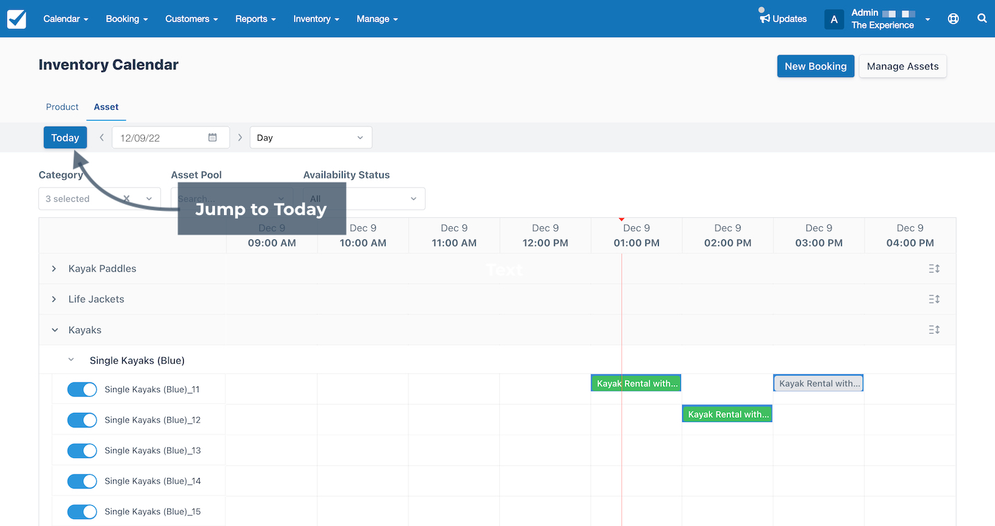 Asset calendar with arrow pointing to the today button used to jump to the current date.