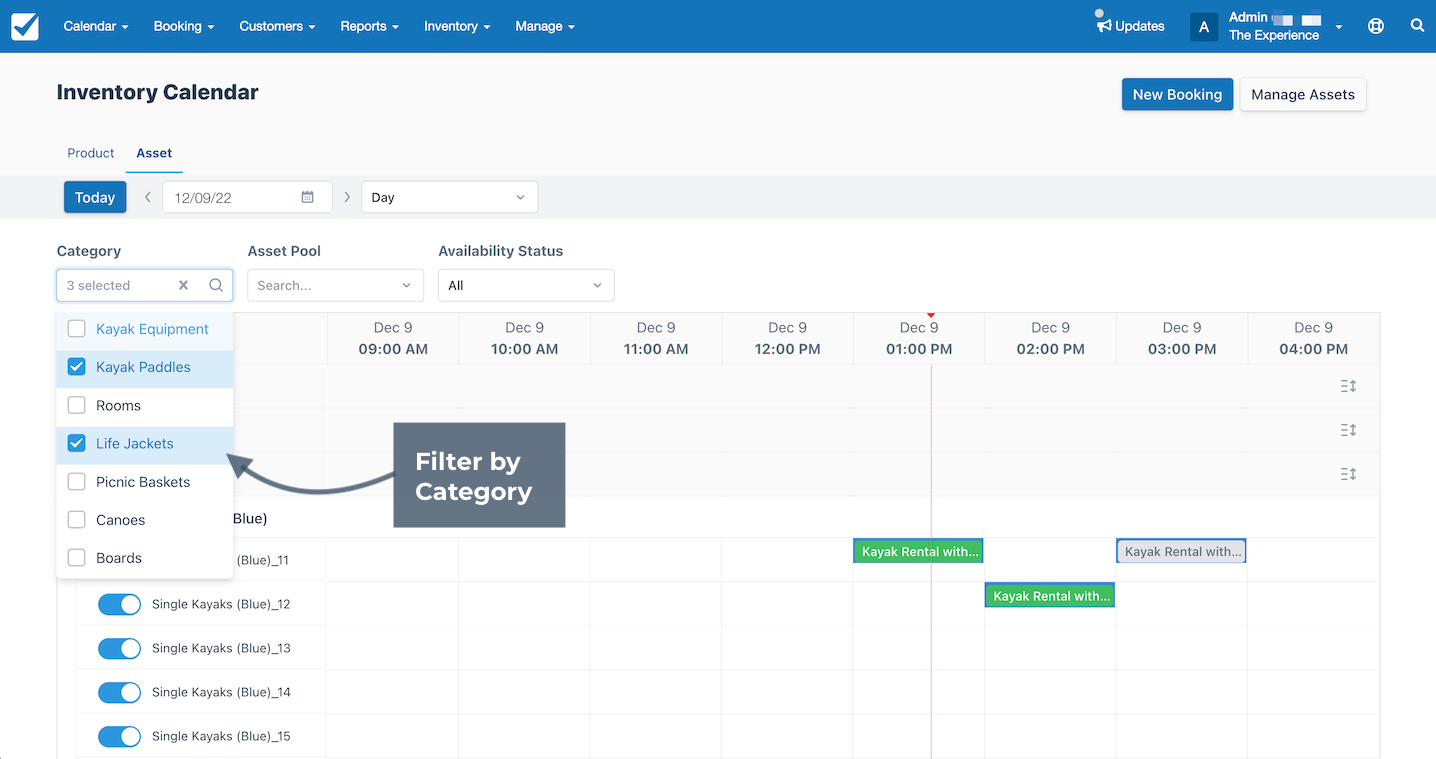 Asset calendar showing category dropdown with checkboxes to filter assets by category.