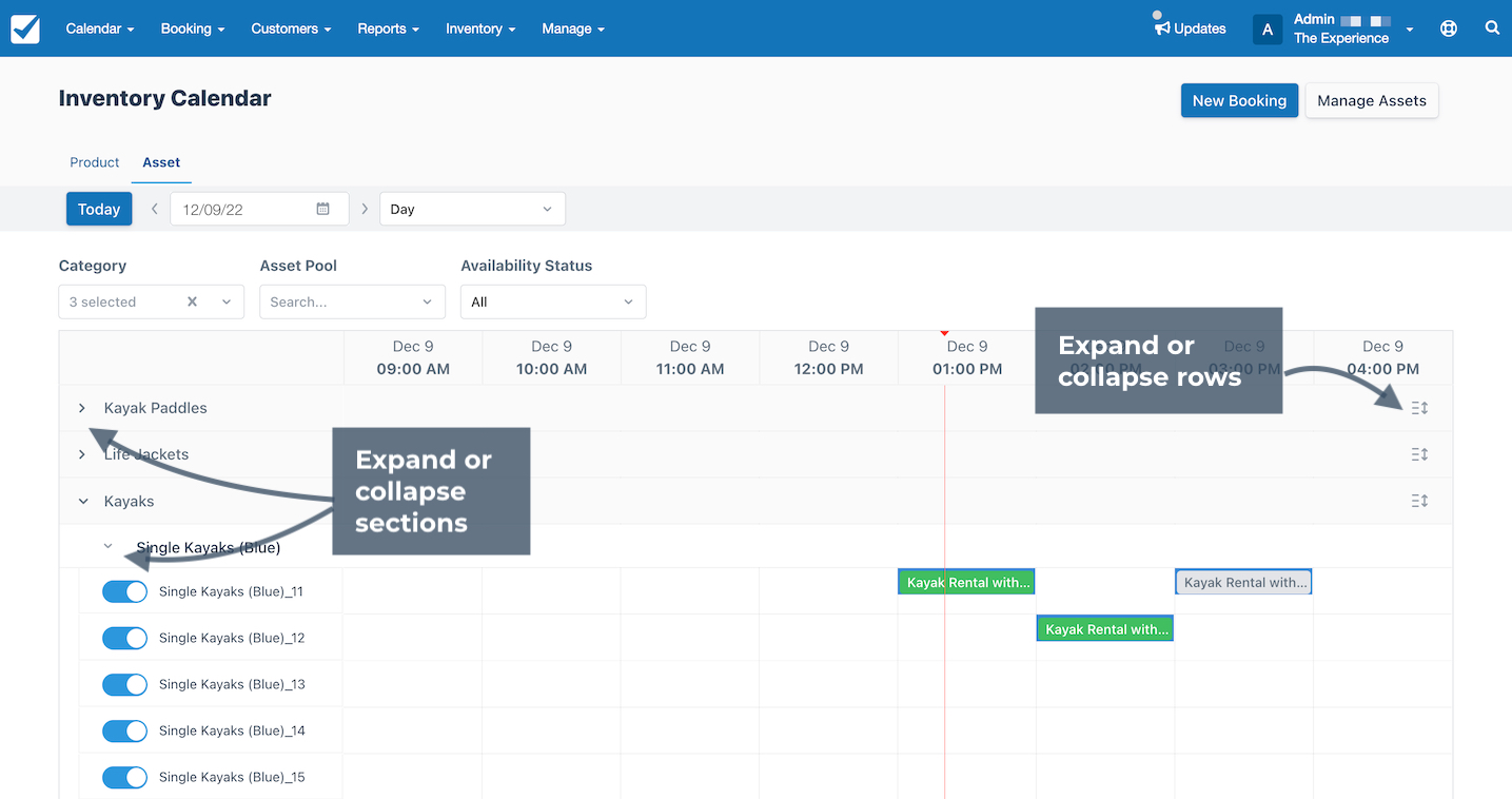 Asset calendar highlighting options to expand or collapse asset sections and rows.