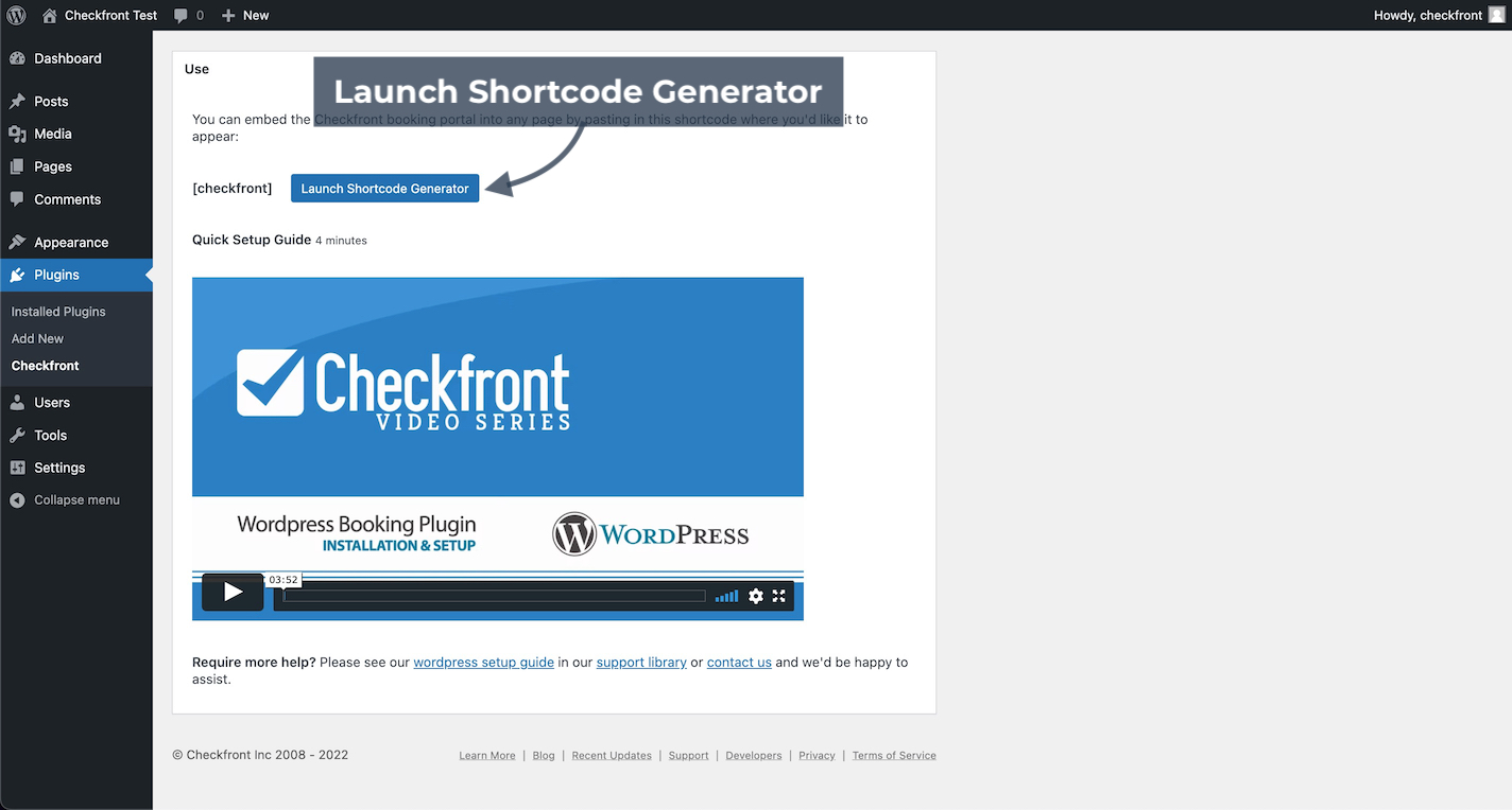 WordPress Checkfront plugin page highlighting the Launch Shortcode Generator button used to create booking shortcodes.