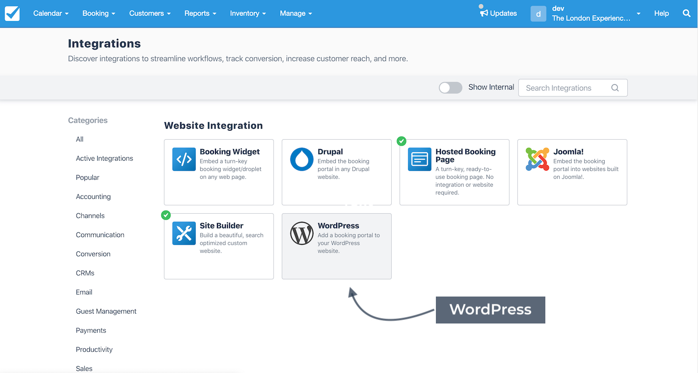 Checkfront integrations page highlighting the WordPress integration option under Website Integration.